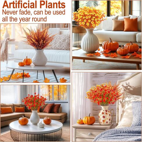 TURNMEON 12 Bundles Artificial Fall Flowers for Outdoors Fall Thanksgiving Decorations,UV Resistant Fake Mums Faux Fall Plants Plastic Orange Boston Fern Eucalyptus Home Gardens Porch Autumn Decor in Saudi Arabia