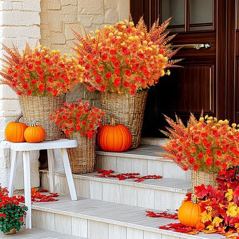 TURNMEON 12 Bundles Artificial Fall Flowers for Outdoors Fall Thanksgiving Decorations,UV Resistant Fake Mums Faux Fall Plants Plastic Orange Boston Fern Eucalyptus Home Gardens Porch Autumn Decor in Saudi Arabia