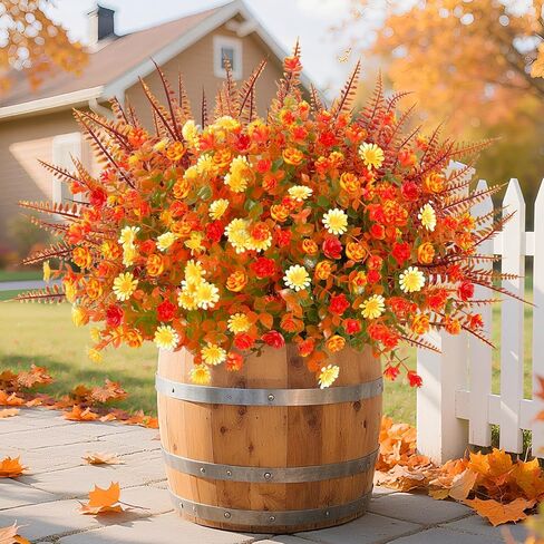 TURNMEON 12 Bundles Artificial Fall Flowers for Outdoors Fall Thanksgiving Decorations,UV Resistant Fake Mums Faux Fall Plants Plastic Orange Boston Fern Eucalyptus Home Gardens Porch Autumn Decor in Saudi Arabia