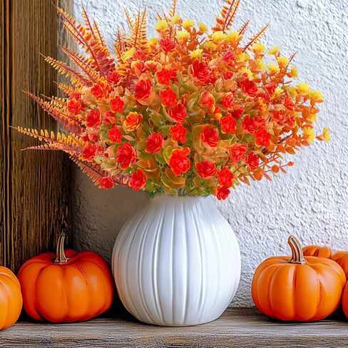 TURNMEON 12 Bundles Artificial Fall Flowers for Outdoors Fall Thanksgiving Decorations,UV Resistant Fake Mums Faux Fall Plants Plastic Orange Boston Fern Eucalyptus Home Gardens Porch Autumn Decor in Saudi Arabia