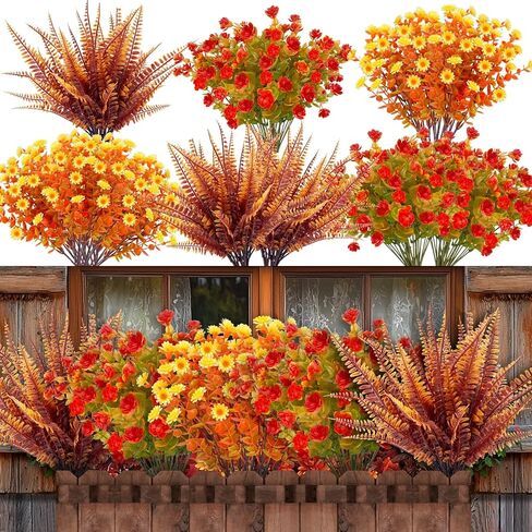 TURNMEON 12 Bundles Artificial Fall Flowers for Outdoors Fall Thanksgiving Decorations,UV Resistant Fake Mums Faux Fall Plants Plastic Orange Boston Fern Eucalyptus Home Gardens Porch Autumn Decor in Saudi Arabia
