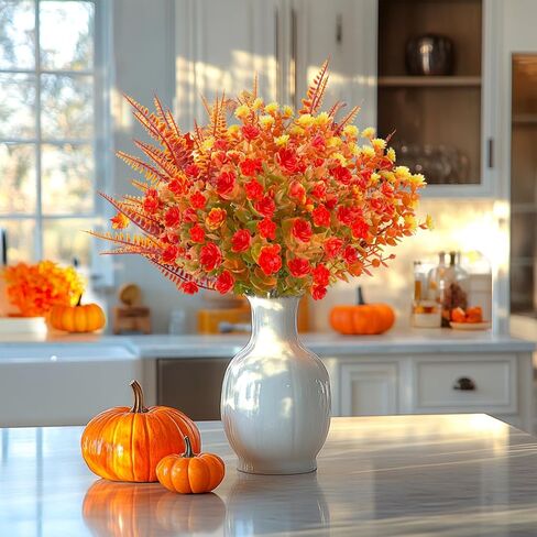 TURNMEON 12 Bundles Artificial Fall Flowers for Outdoors Fall Thanksgiving Decorations,UV Resistant Fake Mums Faux Fall Plants Plastic Orange Boston Fern Eucalyptus Home Gardens Porch Autumn Decor in Saudi Arabia