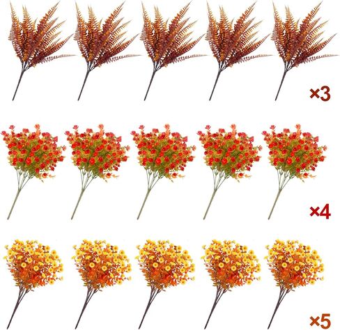 TURNMEON 12 Bundles Artificial Fall Flowers for Outdoors Fall Thanksgiving Decorations,UV Resistant Fake Mums Faux Fall Plants Plastic Orange Boston Fern Eucalyptus Home Gardens Porch Autumn Decor in Saudi Arabia