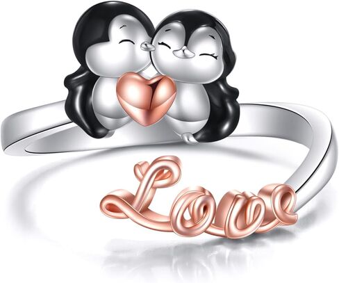 YAFEINI Penguin Ring S925 Sterling Silver Adjustable Couple Penguin Open Rings Love Penguins Jewelry Gifts for Women Mom Wife Couples Lovers in Saudi Arabia