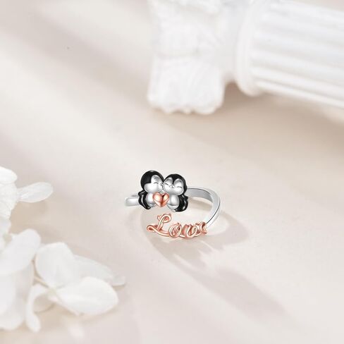 YAFEINI Penguin Ring S925 Sterling Silver Adjustable Couple Penguin Open Rings Love Penguins Jewelry Gifts for Women Mom Wife Couples Lovers in Saudi Arabia