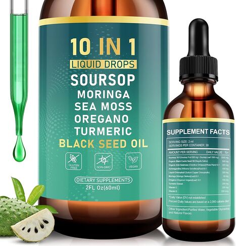 QIZFYZZ Soursop Bitters Liquid Drops, Bitter Herbs with Soursop Extract, Ashwagandha, Sea Moss & Black Seed Oil, Formulated for Immune Wellness, Antioxidant Support & Healthy Digestion, 2 FL Oz in Saudi Arabia