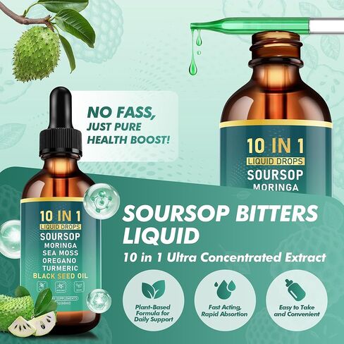 QIZFYZZ Soursop Bitters Liquid Drops, Bitter Herbs with Soursop Extract, Ashwagandha, Sea Moss & Black Seed Oil, Formulated for Immune Wellness, Antioxidant Support & Healthy Digestion, 2 FL Oz in Saudi Arabia