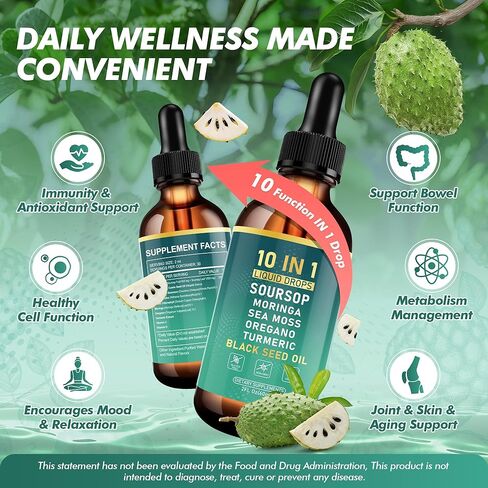 QIZFYZZ Soursop Bitters Liquid Drops, Bitter Herbs with Soursop Extract, Ashwagandha, Sea Moss & Black Seed Oil, Formulated for Immune Wellness, Antioxidant Support & Healthy Digestion, 2 FL Oz in Saudi Arabia