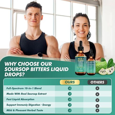 QIZFYZZ Soursop Bitters Liquid Drops, Bitter Herbs with Soursop Extract, Ashwagandha, Sea Moss & Black Seed Oil, Formulated for Immune Wellness, Antioxidant Support & Healthy Digestion, 2 FL Oz in Saudi Arabia
