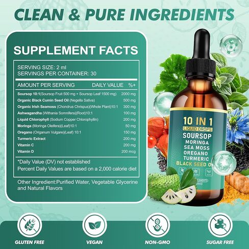 QIZFYZZ Soursop Bitters Liquid Drops, Bitter Herbs with Soursop Extract, Ashwagandha, Sea Moss & Black Seed Oil, Formulated for Immune Wellness, Antioxidant Support & Healthy Digestion, 2 FL Oz in Saudi Arabia