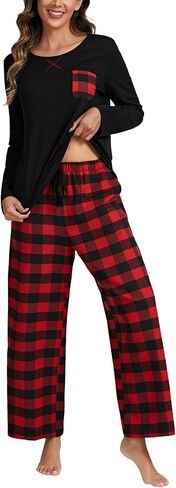 Umenlele Women's Pajamas Set Plaid Long Sleeve Sleepwear Full-Length 2 Piece Pjs with Pocket in Saudi Arabia
