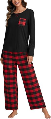 Umenlele Women's Pajamas Set Plaid Long Sleeve Sleepwear Full-Length 2 Piece Pjs with Pocket in Saudi Arabia