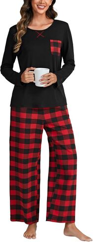 Umenlele Women's Pajamas Set Plaid Long Sleeve Sleepwear Full-Length 2 Piece Pjs with Pocket in Saudi Arabia