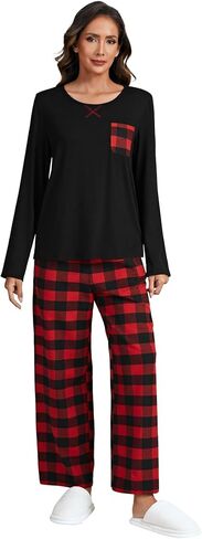 Umenlele Women's Pajamas Set Plaid Long Sleeve Sleepwear Full-Length 2 Piece Pjs with Pocket in Saudi Arabia