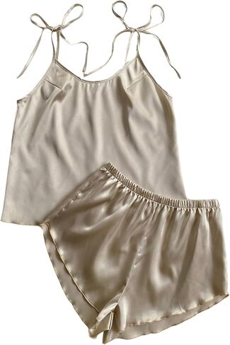 Women's 2 Piece Satin Pajama Sets Tie Shoulder Camisole Tops with Lounge Shorts in Saudi Arabia