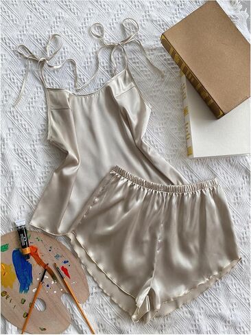 Women's 2 Piece Satin Pajama Sets Tie Shoulder Camisole Tops with Lounge Shorts in Saudi Arabia