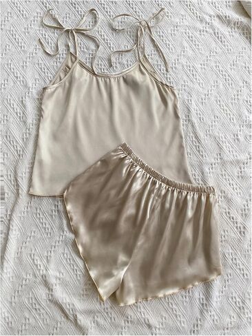 Women's 2 Piece Satin Pajama Sets Tie Shoulder Camisole Tops with Lounge Shorts in Saudi Arabia