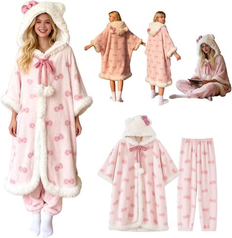 طقم بيجامة نوم شتوي بقلنسوة برسوم كارتونية لطيفة من CHERSE رداء Snuggie يمكن ارتداؤه بغطاء للرأس للنساء بفيونكة وردية in Kuwait