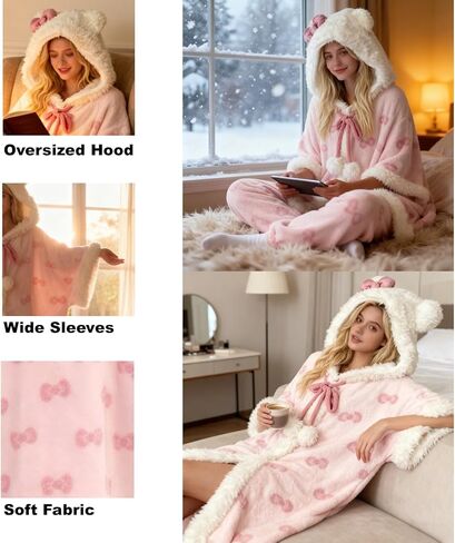 طقم بيجامة نوم شتوي بقلنسوة برسوم كارتونية لطيفة من CHERSE رداء Snuggie يمكن ارتداؤه بغطاء للرأس للنساء بفيونكة وردية in Kuwait