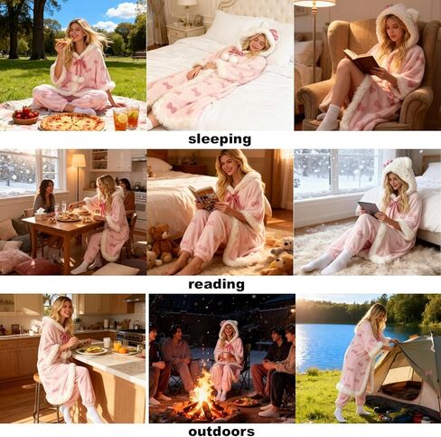طقم بيجامة نوم شتوي بقلنسوة برسوم كارتونية لطيفة من CHERSE رداء Snuggie يمكن ارتداؤه بغطاء للرأس للنساء بفيونكة وردية in Kuwait
