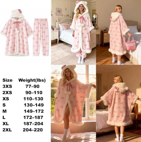 طقم بيجامة نوم شتوي بقلنسوة برسوم كارتونية لطيفة من CHERSE رداء Snuggie يمكن ارتداؤه بغطاء للرأس للنساء بفيونكة وردية in Kuwait