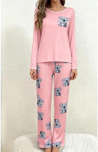 2PCS Women Pajama Set Long Sleeve Round Neck Top and Matching Pants Home Sleepwear Printed Cute Style Cozy Night Outfit in Saudi Arabia