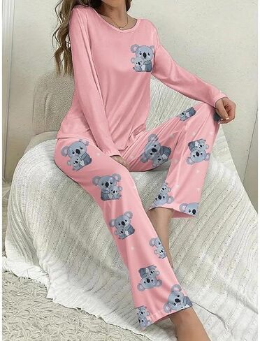2PCS Women Pajama Set Long Sleeve Round Neck Top and Matching Pants Home Sleepwear Printed Cute Style Cozy Night Outfit in Saudi Arabia