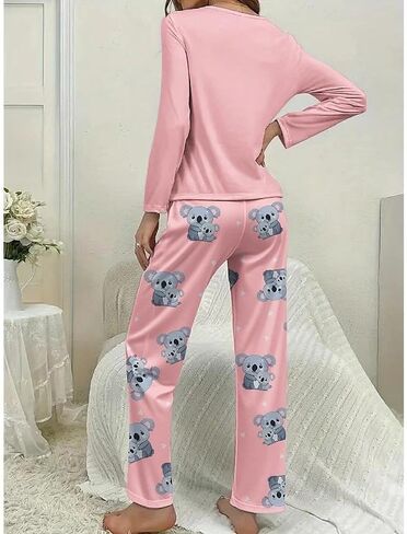 2PCS Women Pajama Set Long Sleeve Round Neck Top and Matching Pants Home Sleepwear Printed Cute Style Cozy Night Outfit in Saudi Arabia