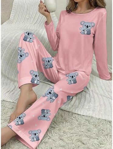 2PCS Women Pajama Set Long Sleeve Round Neck Top and Matching Pants Home Sleepwear Printed Cute Style Cozy Night Outfit in Saudi Arabia