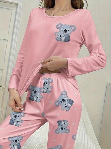 2PCS Women Pajama Set Long Sleeve Round Neck Top and Matching Pants Home Sleepwear Printed Cute Style Cozy Night Outfit in Saudi Arabia