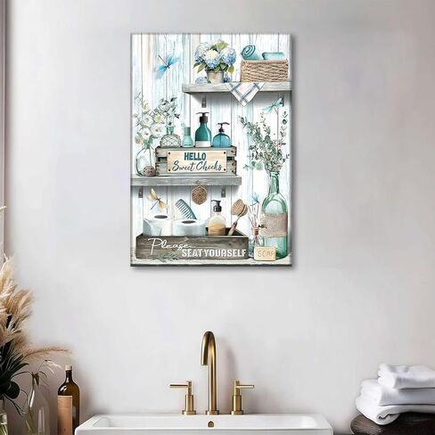 Farmhouse Bathroom Canvas Wall Art blue Green Rustic Dragonfly And Flower Wall Decor Pictures Bathroom Please Seat Yourself Sign Poster Prints for Toilet Home Decoration 12x16in Ready to Hang in Saudi Arabia
