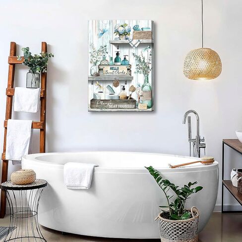 Farmhouse Bathroom Canvas Wall Art blue Green Rustic Dragonfly And Flower Wall Decor Pictures Bathroom Please Seat Yourself Sign Poster Prints for Toilet Home Decoration 12x16in Ready to Hang in Saudi Arabia