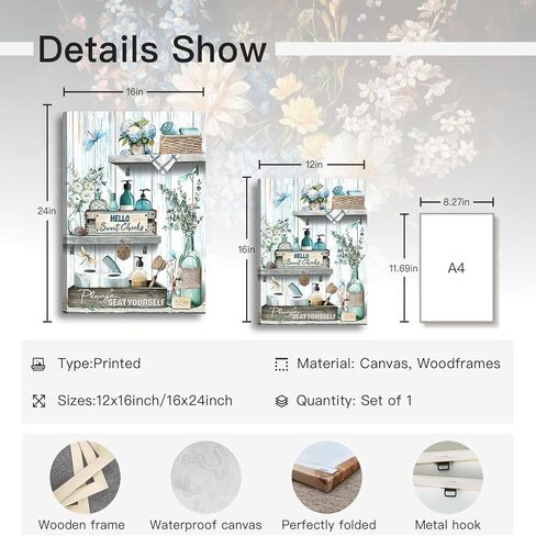 Farmhouse Bathroom Canvas Wall Art blue Green Rustic Dragonfly And Flower Wall Decor Pictures Bathroom Please Seat Yourself Sign Poster Prints for Toilet Home Decoration 12x16in Ready to Hang in Saudi Arabia
