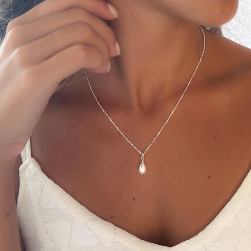 Annika Bella Drop Pearl Necklace, Silver Necklaces for Women, Teardrop Pearl Charm, 925 Sterling Silver Jewelry, Gift for Bride, Bridal Accessories in Kuwait