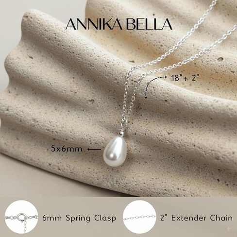Annika Bella Drop Pearl Necklace, Silver Necklaces for Women, Teardrop Pearl Charm, 925 Sterling Silver Jewelry, Gift for Bride, Bridal Accessories in Kuwait