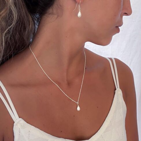 Annika Bella Drop Pearl Necklace, Silver Necklaces for Women, Teardrop Pearl Charm, 925 Sterling Silver Jewelry, Gift for Bride, Bridal Accessories in Kuwait