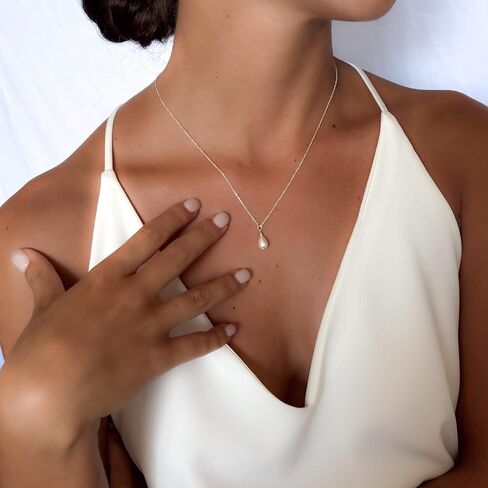 Annika Bella Drop Pearl Necklace, Silver Necklaces for Women, Teardrop Pearl Charm, 925 Sterling Silver Jewelry, Gift for Bride, Bridal Accessories in Kuwait