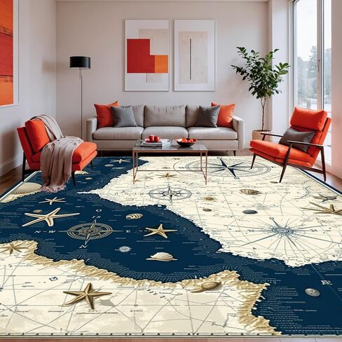 Design&I Low Pile Flatwoven Area Rug 8x10, Marine Life Treasure Map Vintage Nautical Compass Room Decor, Machine Washable, Stain Resistant Indoor Rug for Living Room, Bedroom, Non Slip(Blue, 8x10) in Saudi Arabia