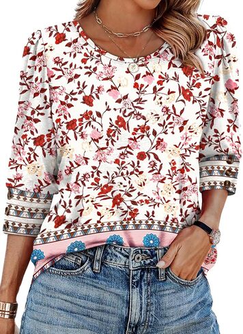 OFEEFAN WOMENS TOPS 3/4 SLEEVE مع أزرار الأزرار غير العارضة بلوزات الصيف ملابس شاطئية بالإضافة إلى ملابس الربيع الحجم in Kuwait