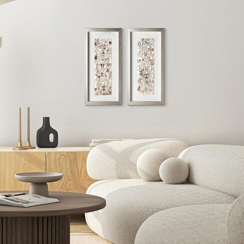 لوحة فنية جدارية مزخرفة ثلاثية الأبعاد من American Art Decor بإطار بلون الشمبانيا، مجموعة من قطعتين - لوحات عمودية باللونين العاجي والبيج، ديكور على شكل شاطئ بحري ساحلي، 8.75 بوصة × 17.75 بوصة in Saudi Arabia