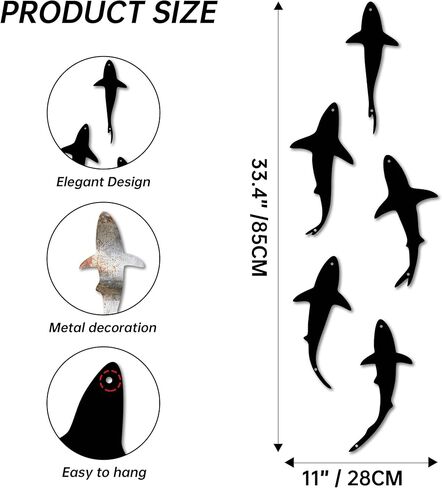 JEWLOVE Shark Decor - لوحة فنية جدارية معدنية مع 5 أسماك قرش للسباحة، لوحة فنية جدارية للأسماك للحمام وغرفة المعيشة، ديكور للأسماك الخارجية والداخلية لعيد الميلاد وعيد الشكر in Kuwait