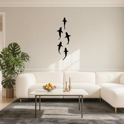 JEWLOVE Shark Decor - لوحة فنية جدارية معدنية مع 5 أسماك قرش للسباحة، لوحة فنية جدارية للأسماك للحمام وغرفة المعيشة، ديكور للأسماك الخارجية والداخلية لعيد الميلاد وعيد الشكر in Kuwait