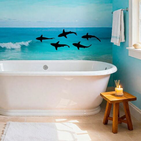 JEWLOVE Shark Decor - لوحة فنية جدارية معدنية مع 5 أسماك قرش للسباحة، لوحة فنية جدارية للأسماك للحمام وغرفة المعيشة، ديكور للأسماك الخارجية والداخلية لعيد الميلاد وعيد الشكر in Kuwait