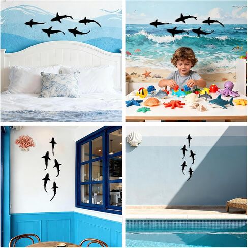 JEWLOVE Shark Decor - لوحة فنية جدارية معدنية مع 5 أسماك قرش للسباحة، لوحة فنية جدارية للأسماك للحمام وغرفة المعيشة، ديكور للأسماك الخارجية والداخلية لعيد الميلاد وعيد الشكر in Kuwait