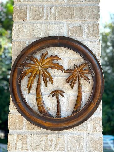 STC World Metal Palm Tree Wall Decor Rustic Tropical Wall Art Sculpture Hanging Palm Trees Designed Indoor Outdoor Kitchen Room Office Patio Porch Balcony Den Mancave Decoration 16" D in Saudi Arabia