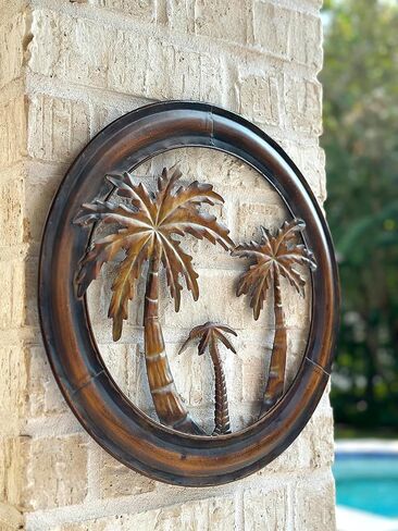 STC World Metal Palm Tree Wall Decor Rustic Tropical Wall Art Sculpture Hanging Palm Trees Designed Indoor Outdoor Kitchen Room Office Patio Porch Balcony Den Mancave Decoration 16" D in Saudi Arabia