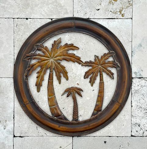 STC World Metal Palm Tree Wall Decor Rustic Tropical Wall Art Sculpture Hanging Palm Trees Designed Indoor Outdoor Kitchen Room Office Patio Porch Balcony Den Mancave Decoration 16" D in Saudi Arabia