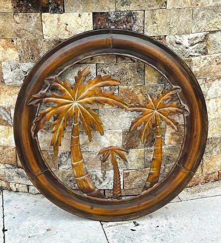 STC World Metal Palm Tree Wall Decor Rustic Tropical Wall Art Sculpture Hanging Palm Trees Designed Indoor Outdoor Kitchen Room Office Patio Porch Balcony Den Mancave Decoration 16" D in Saudi Arabia