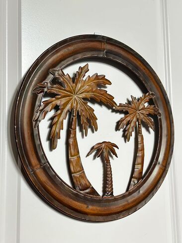STC World Metal Palm Tree Wall Decor Rustic Tropical Wall Art Sculpture Hanging Palm Trees Designed Indoor Outdoor Kitchen Room Office Patio Porch Balcony Den Mancave Decoration 16" D in Saudi Arabia