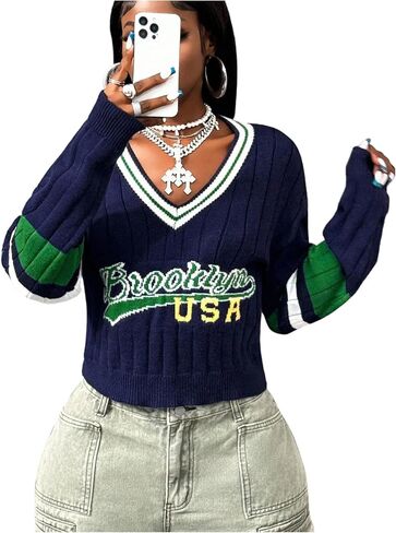 WDIRARA Women's Letter Graphic V Neck Sweaters Striped Long Sleeve Pullover Knit Tops Preppy Sweater in Saudi Arabia